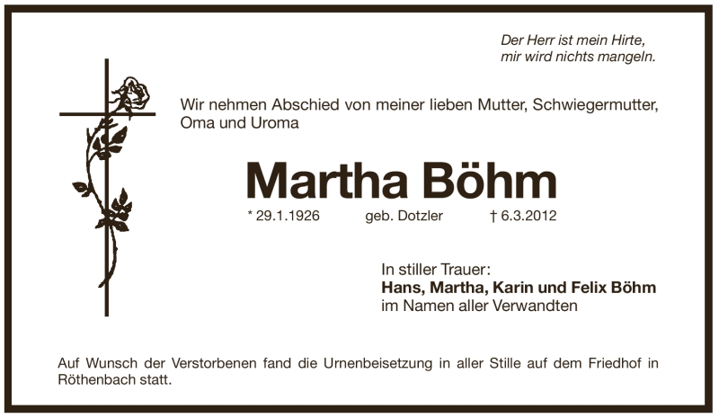  Traueranzeige für Martha Böhm vom 17.03.2012 aus Pegnitz-Zeitung